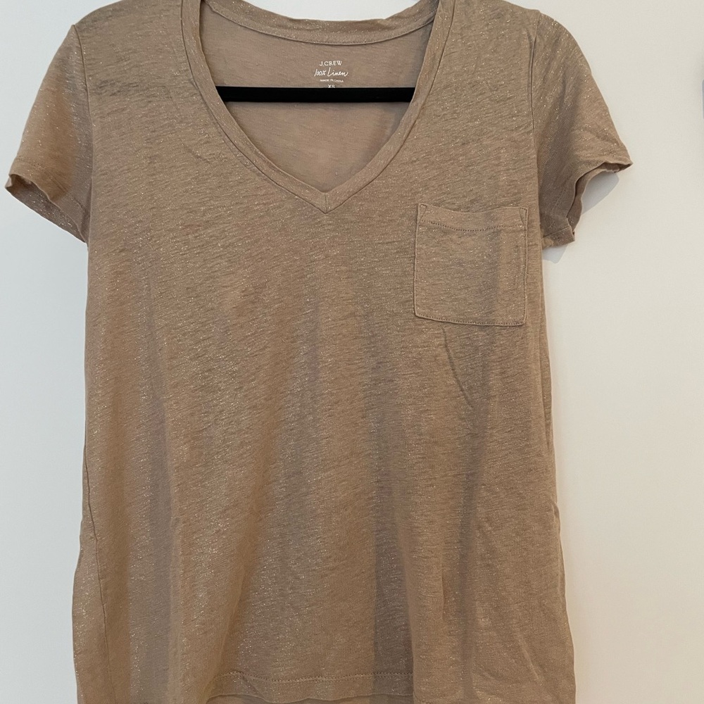 J. Crew Women's Gold with sparkle Linen V-Neck T-Shirt